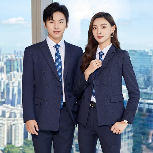 职业装银行销售经理工作服商务男女同款双排扣弹力条纹西装套装